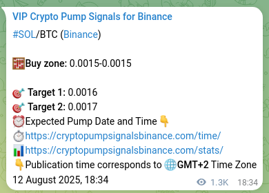 Crypto pump signal proof: SOL on Binance, 14 August 2025, 06:26