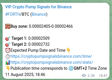 Crypto trading signal proof: FORTH pump on Binance, 14 August 2025, 11:06