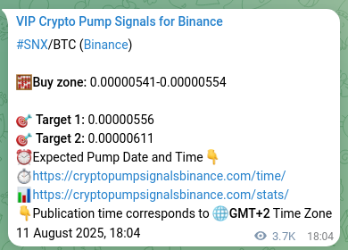 Trading signal proof: SNX pump from Binance, 16 August 2025, 00:52