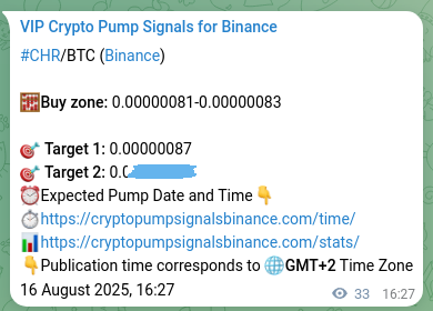 Crypto pump signal proof: CHR on Binance, 16 August 2025, 17:22