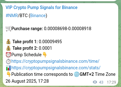 Binance trading signal proof for NMR pump, 26 August 2025, 18:42