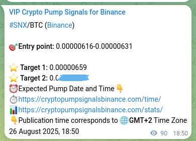 Crypto pump signal analytics for SNX on Binance, 26 August 2025, 21:20