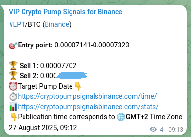 Binance trading signal proof for LPT pump, 27 August 2025, 09:19
