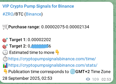 Binance pump signal proof for ZRO on 28 September 2025, 05:56