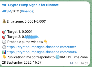 Crypto trading signal proof: KSM pump on Binance, 28 September 2025, 18:15