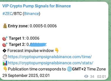 Proof of ZEC pump signal on Binance at 29 September 2025, 02:58