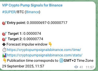 Binance pump signal data for SUPER at 29 September 2025, 13:07