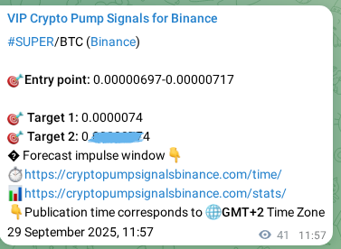 Real-time proof of SUPER pump signal on Binance, 29 September 2025, 13:09