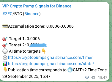 Crypto trading signal proof: ZEC pump on Binance, 29 September 2025, 17:00