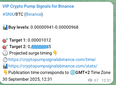 Binance pump signal proof for SNX on 30 September 2025, 14:23