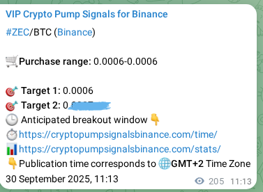 Crypto pump signal proof: ZEC on Binance, 30 September 2025, 16:56