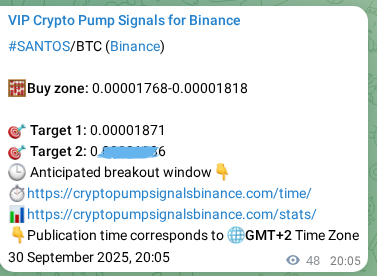 Binance trading signal proof for SANTOS pump, 30 September 2025, 21:25