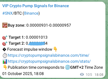 Trading signal verification: SNX pump from Binance, 01 October 2025, 21:04