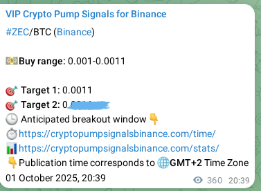 Trading signal proof: ZEC pump from Binance, 02 October 2025, 06:39