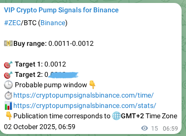 Real-time proof of ZEC pump signal on Binance, 02 October 2025, 07:22