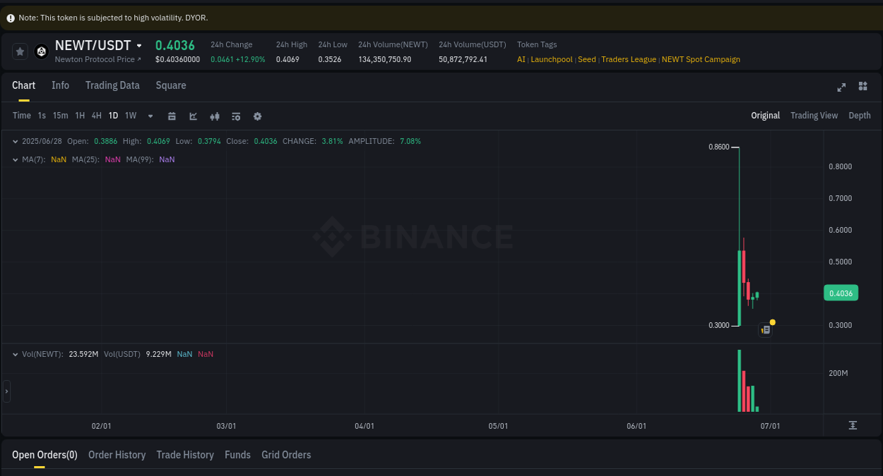 Crypto market update: NEWT pump on Binance, 28 June 2025, 06:31