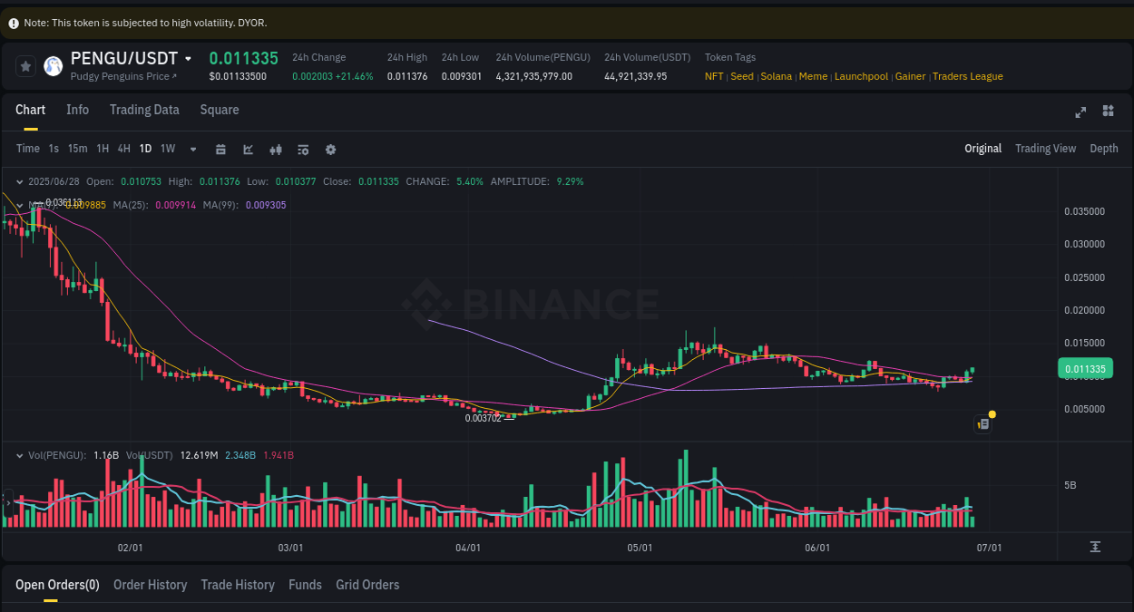 Crypto trading report: PENGU pump on Binance, 28 June 2025, 07:46