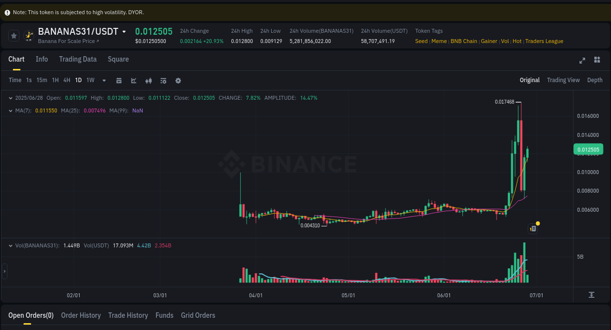 Detailed analysis of BANANAS31's price surge on Binance, 28 June 2025, 12:20