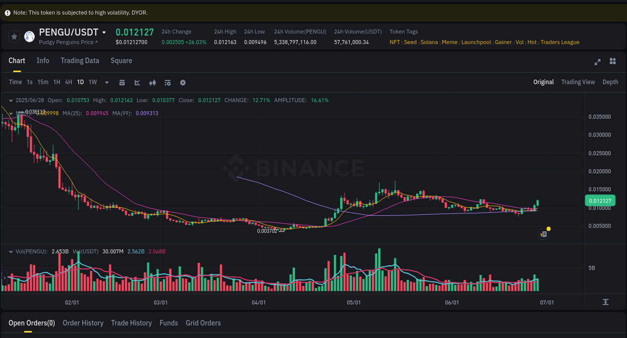 Crypto price movement update: PENGU on Binance, 28 June 2025, 13:34