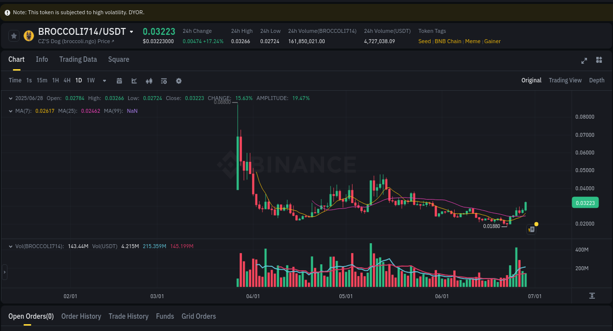 Crypto pump data analytics for BROCCOLI714 on Binance, 28 June 2025, 20:18