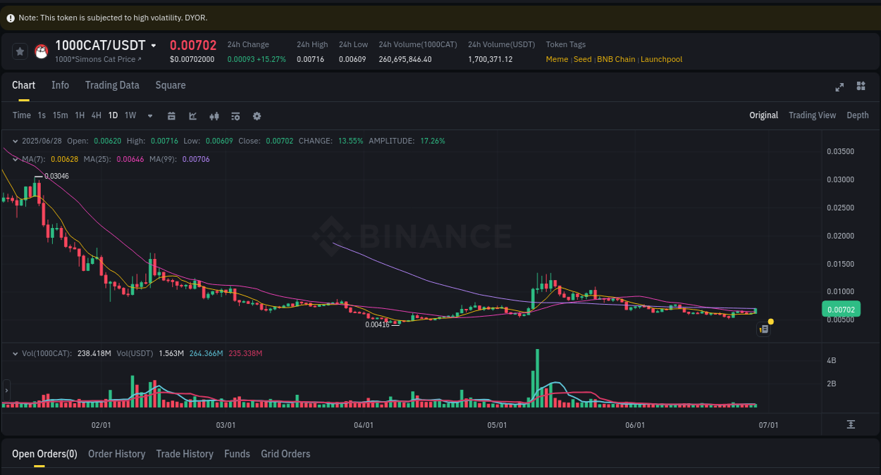 Binance pump analysis for 1000CAT, 28 June 2025, 21:35