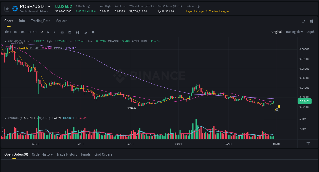 Market movement report: ROSE on Binance at 30 June 2025, 00:55