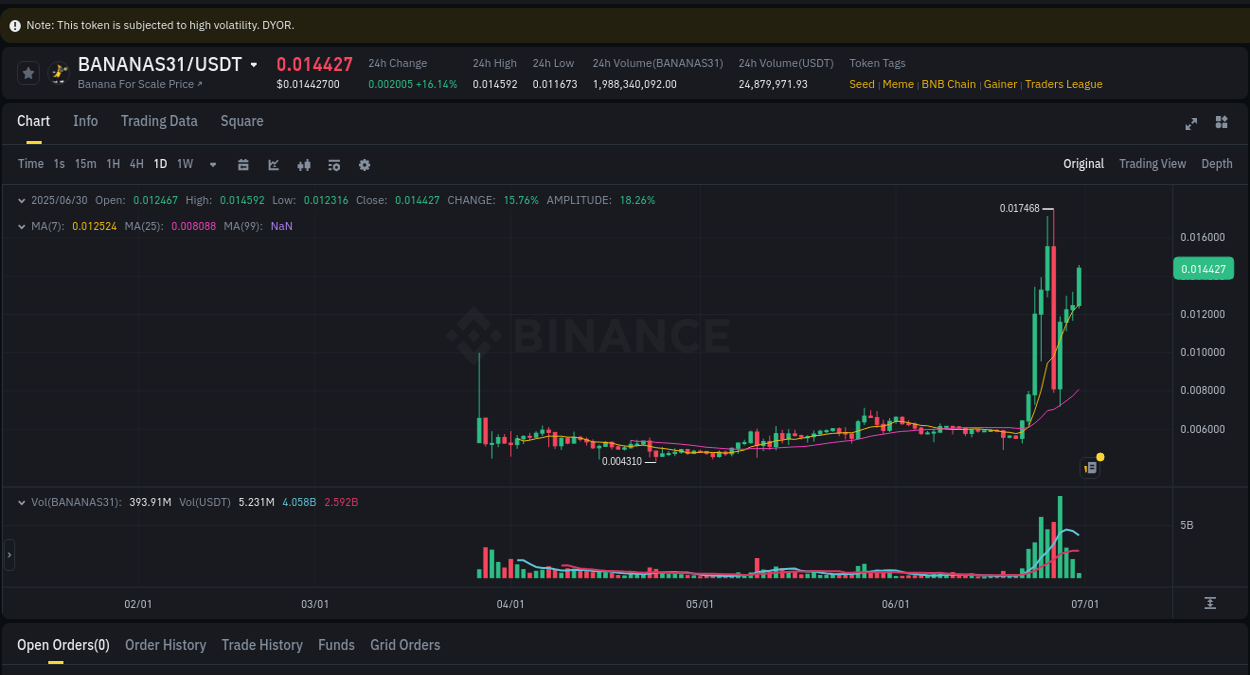 BANANAS31 trading report showing pump trends on Binance, 30 June 2025, 04:15