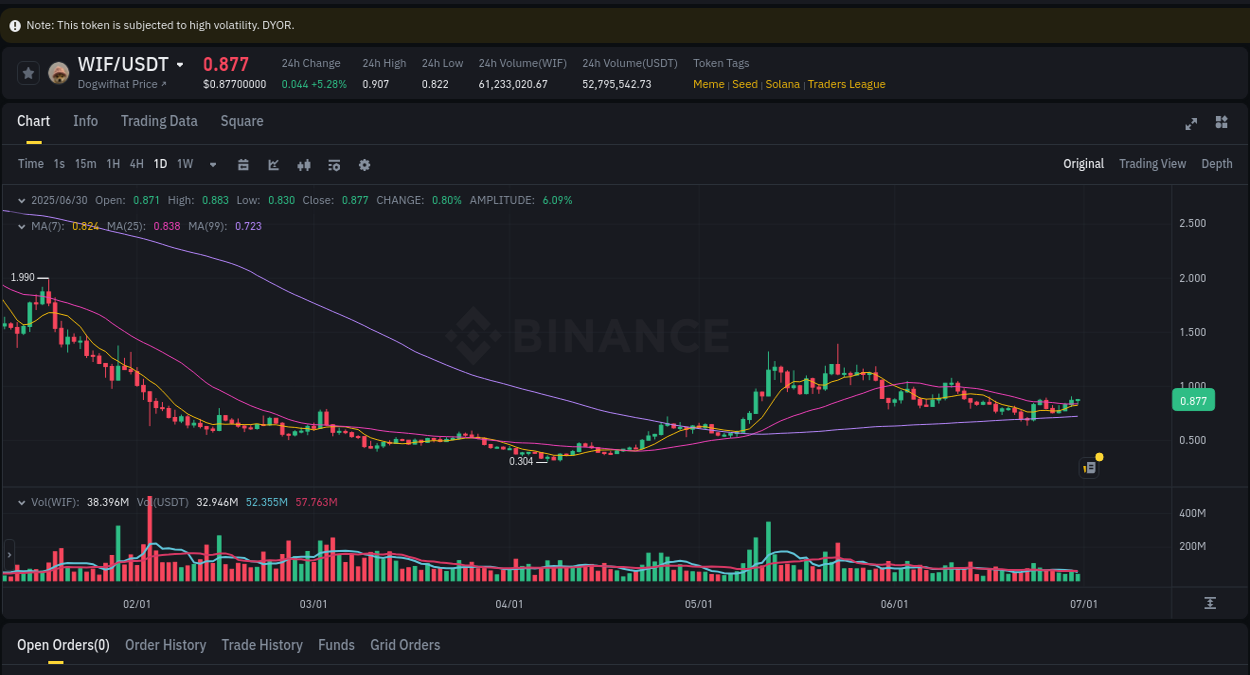Crypto pump report: WIF on Binance, 30 June 2025, 17:51