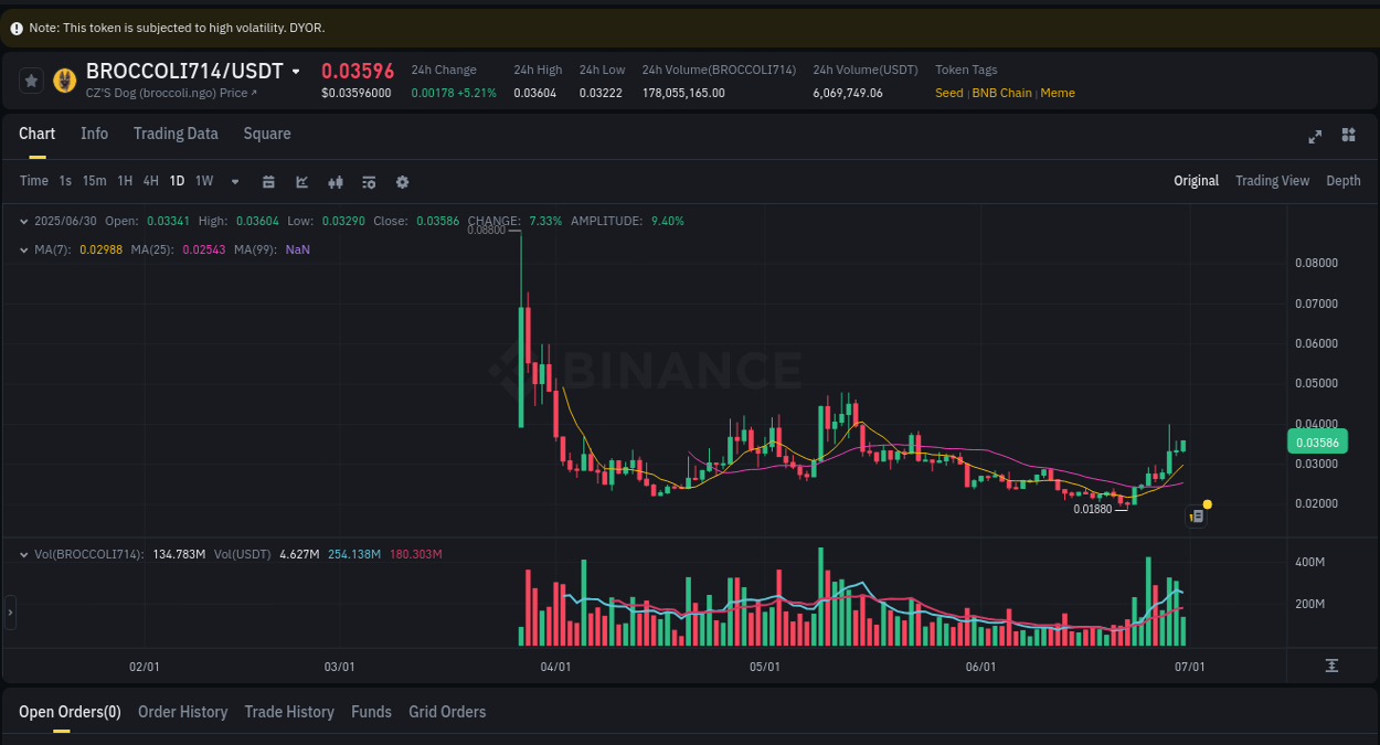 Market movement report: BROCCOLI714 on Binance at 30 June 2025, 21:24