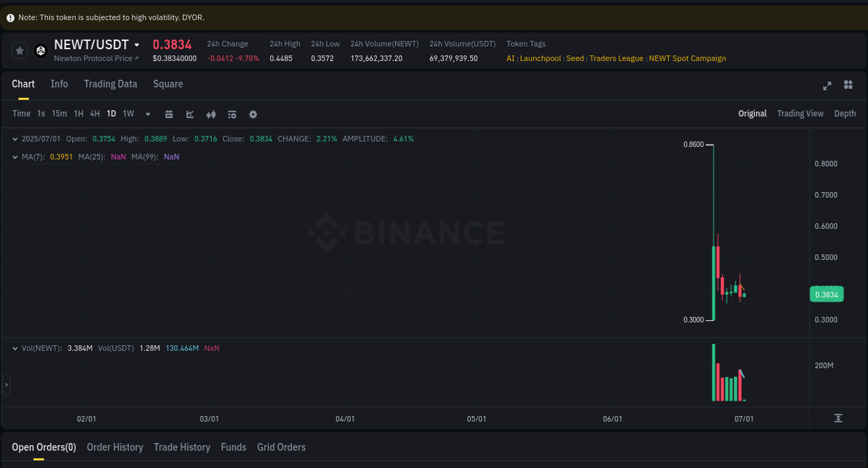 Real-time report of NEWT pump on Binance, 01 July 2025, 02:36