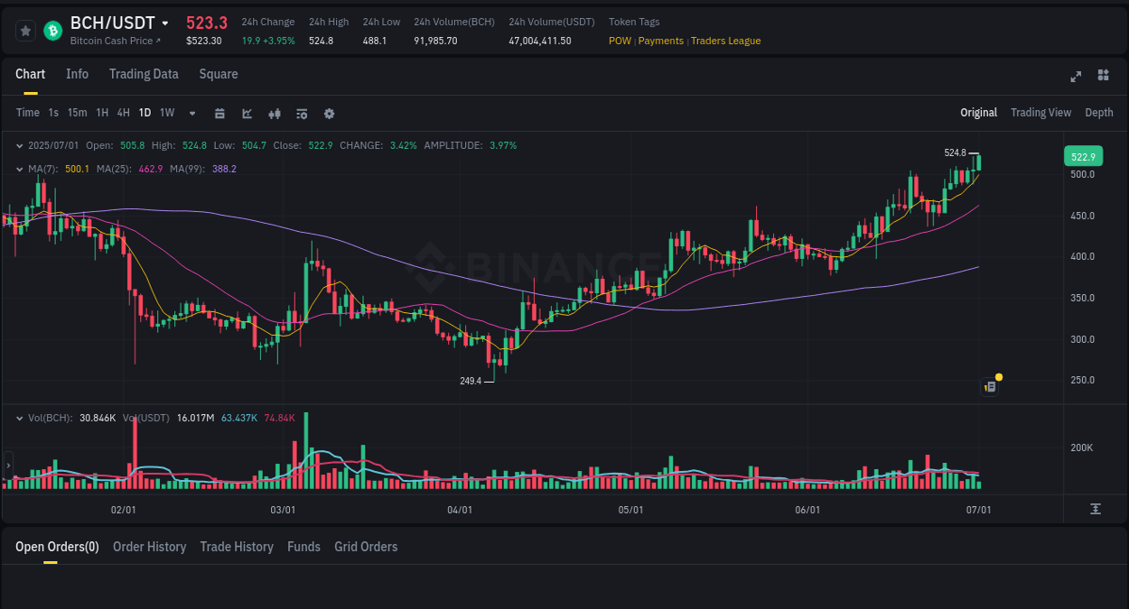Binance pump overview for BCH, captured at 01 July 2025, 05:11