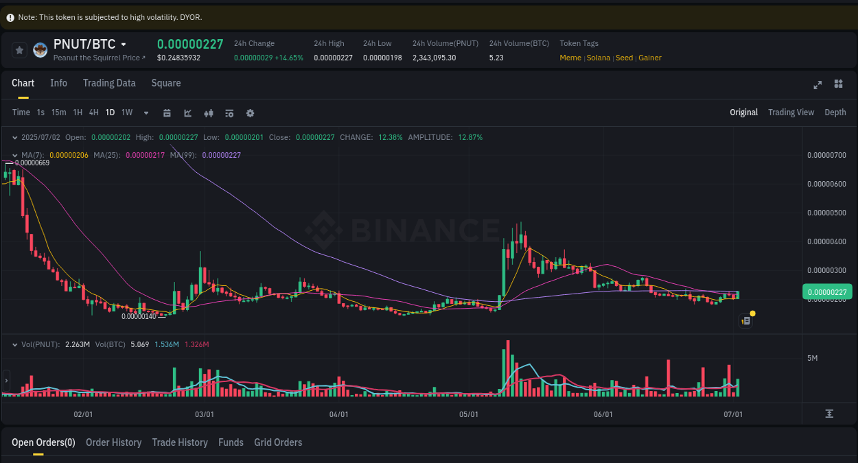 Crypto market update: PNUT pump on Binance, 02 July 2025, 22:35
