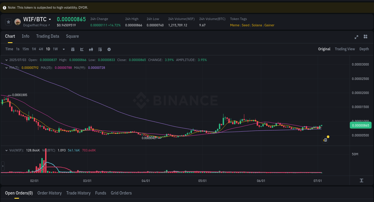 Crypto trading report: WIF pump on Binance, 03 July 2025, 07:34