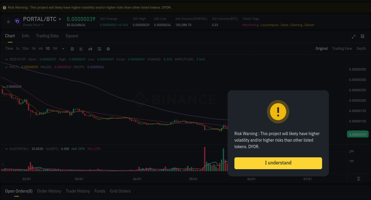 Binance trading report for PORTAL pump, 07 July 2025, 04:47