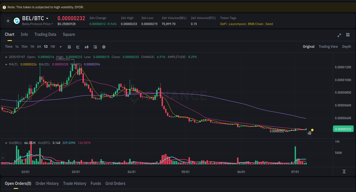 Real-time report of BEL pump on Binance, 07 July 2025, 22:33