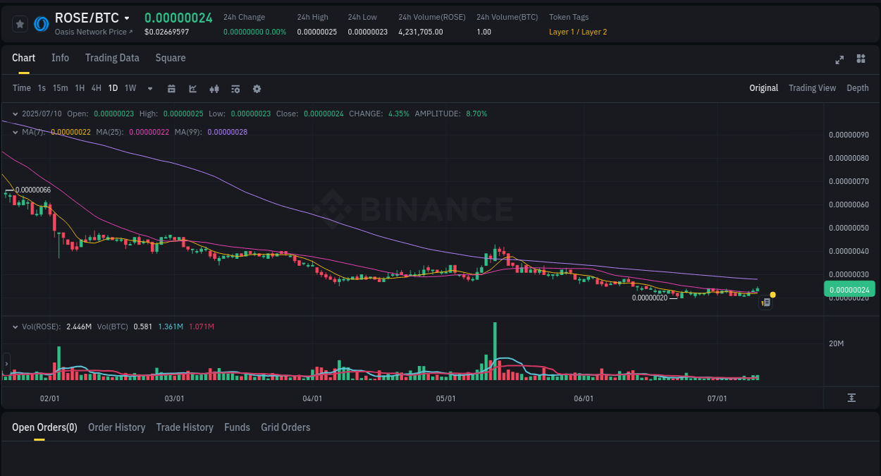 Binance pump data for ROSE at 10 July 2025, 16:59