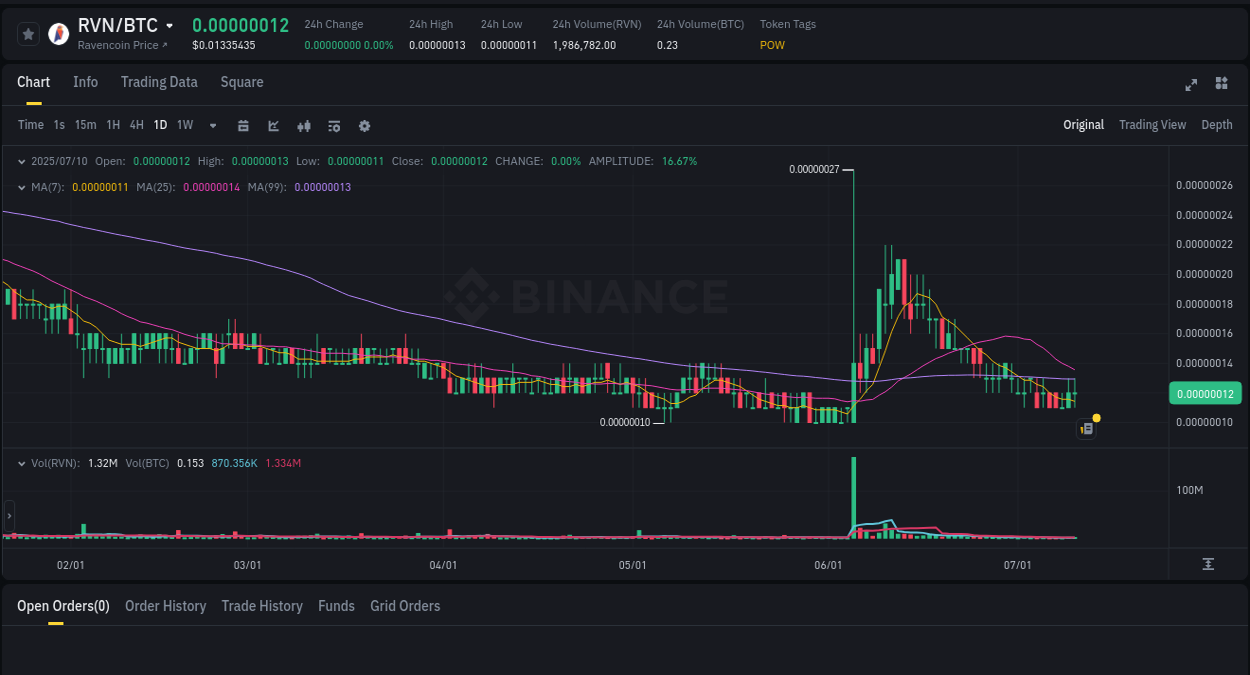 Binance pump report for RVN on 10 July 2025, 17:50