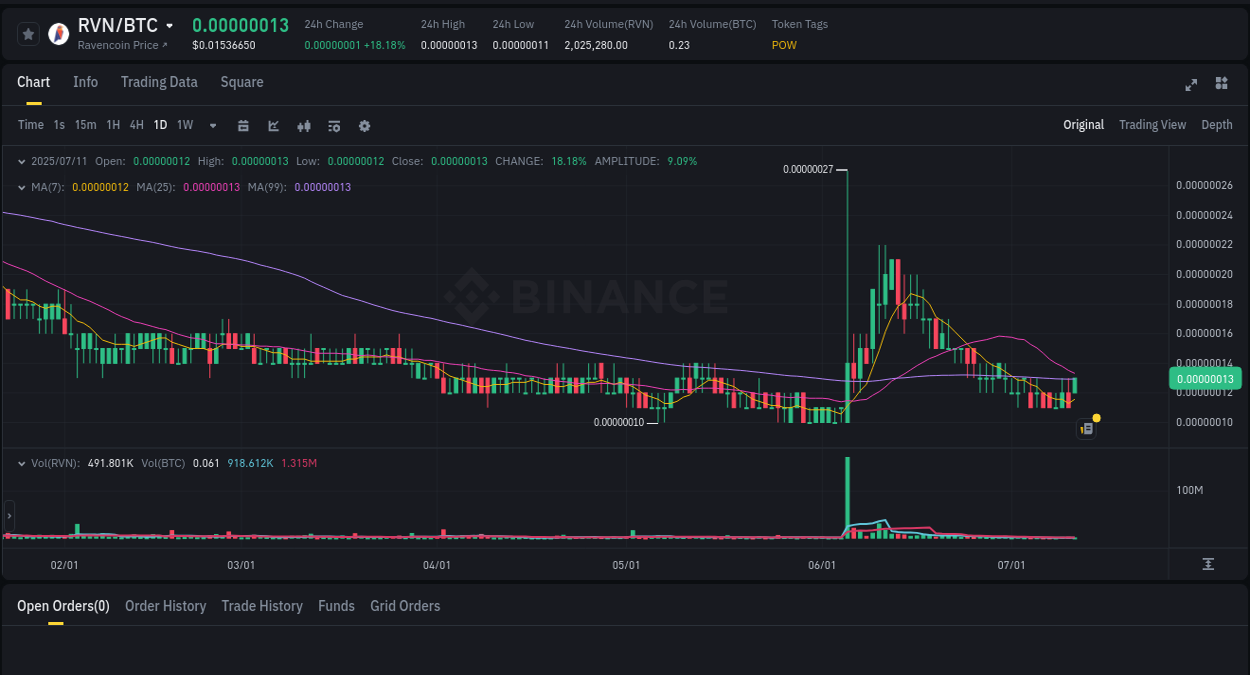 Binance trading report for RVN pump, 11 July 2025, 12:14