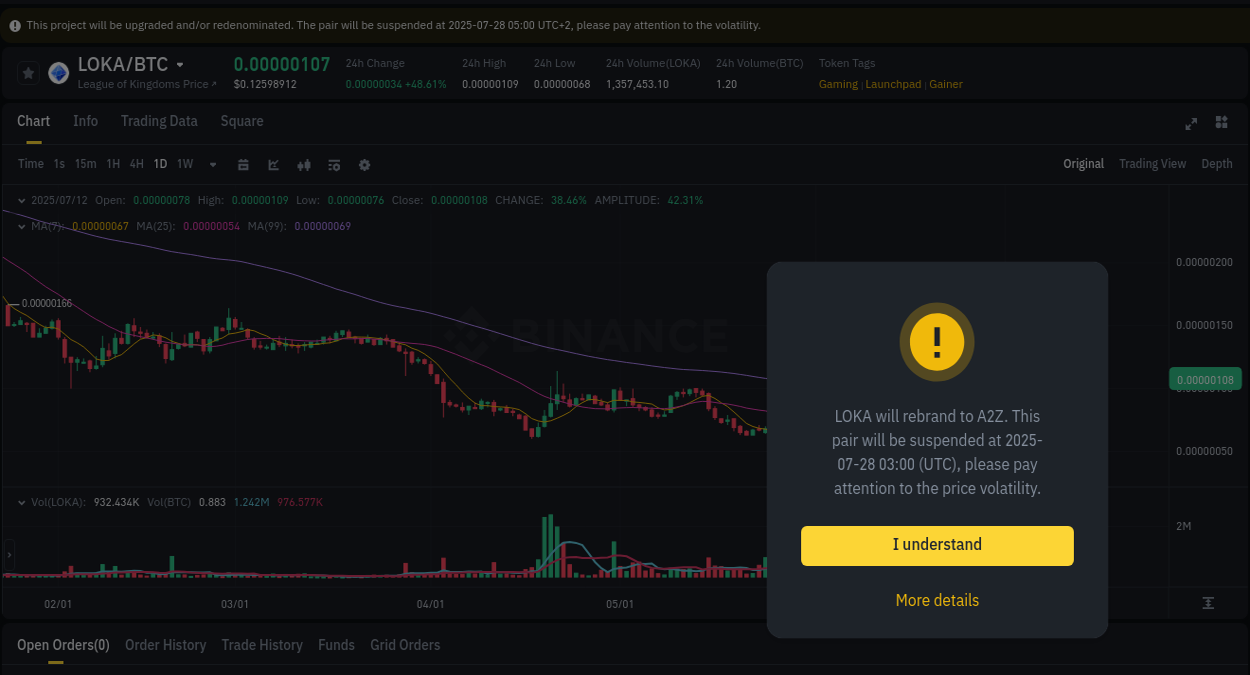 Real-time report of LOKA pump on Binance, 12 July 2025, 05:48