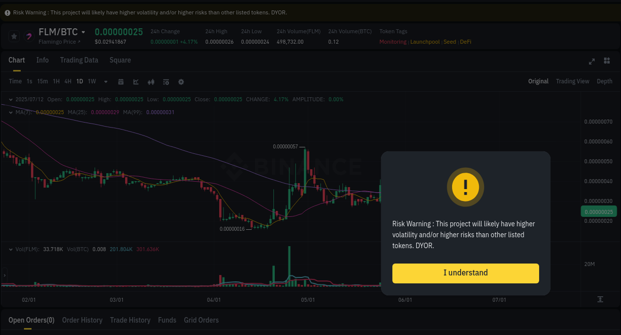 Binance pump data for FLM at 12 July 2025, 08:02