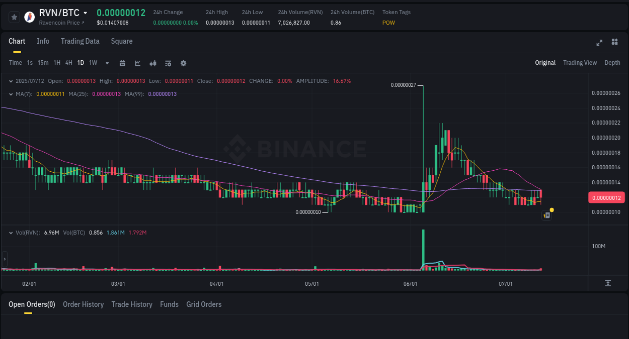 Crypto pump analytics for RVN on Binance, 12 July 2025, 23:12