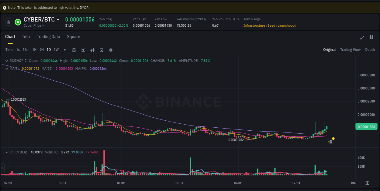 Crypto market update: CYBER pump on Binance, 17 July 2025, 10:18