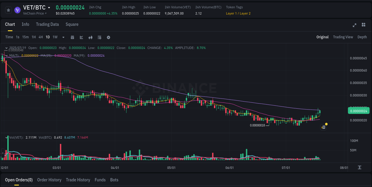 Market pulse: VET price acceleration on Binance, 19 July 2025, 12:24