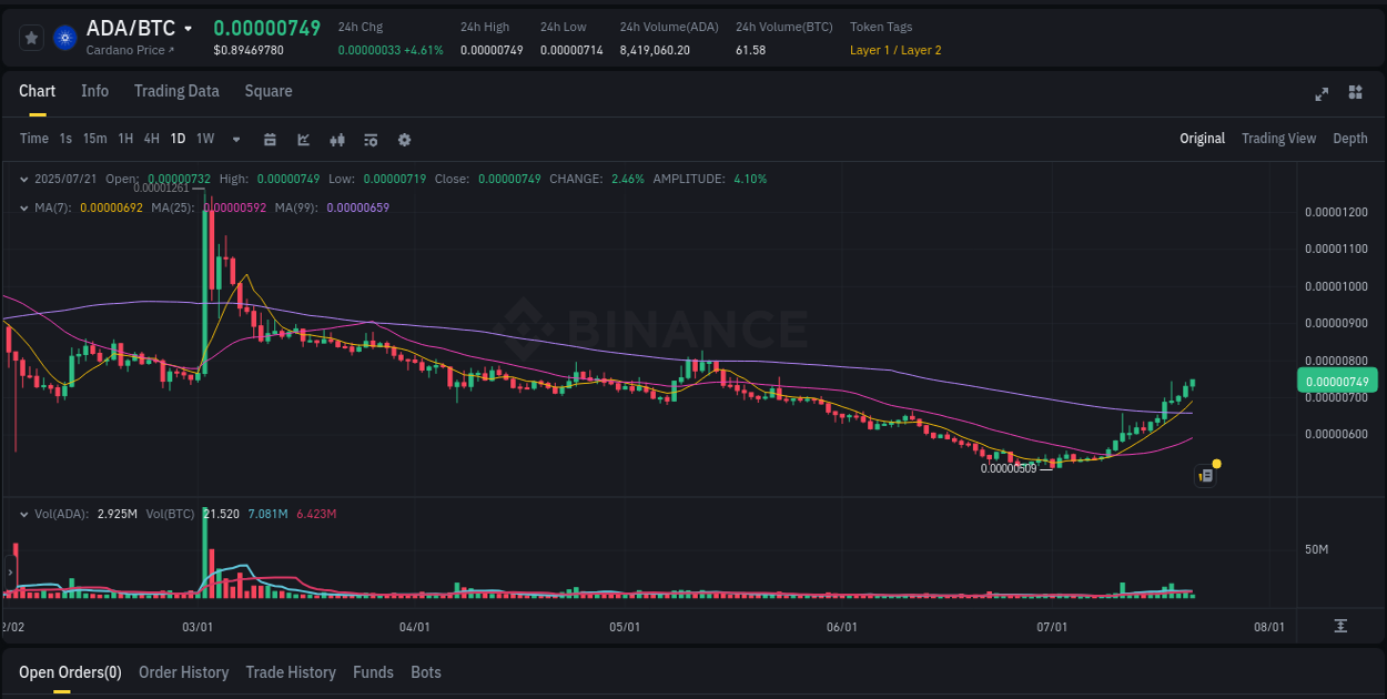Market pulse: ADA price acceleration on Binance, 21 July 2025, 09:32