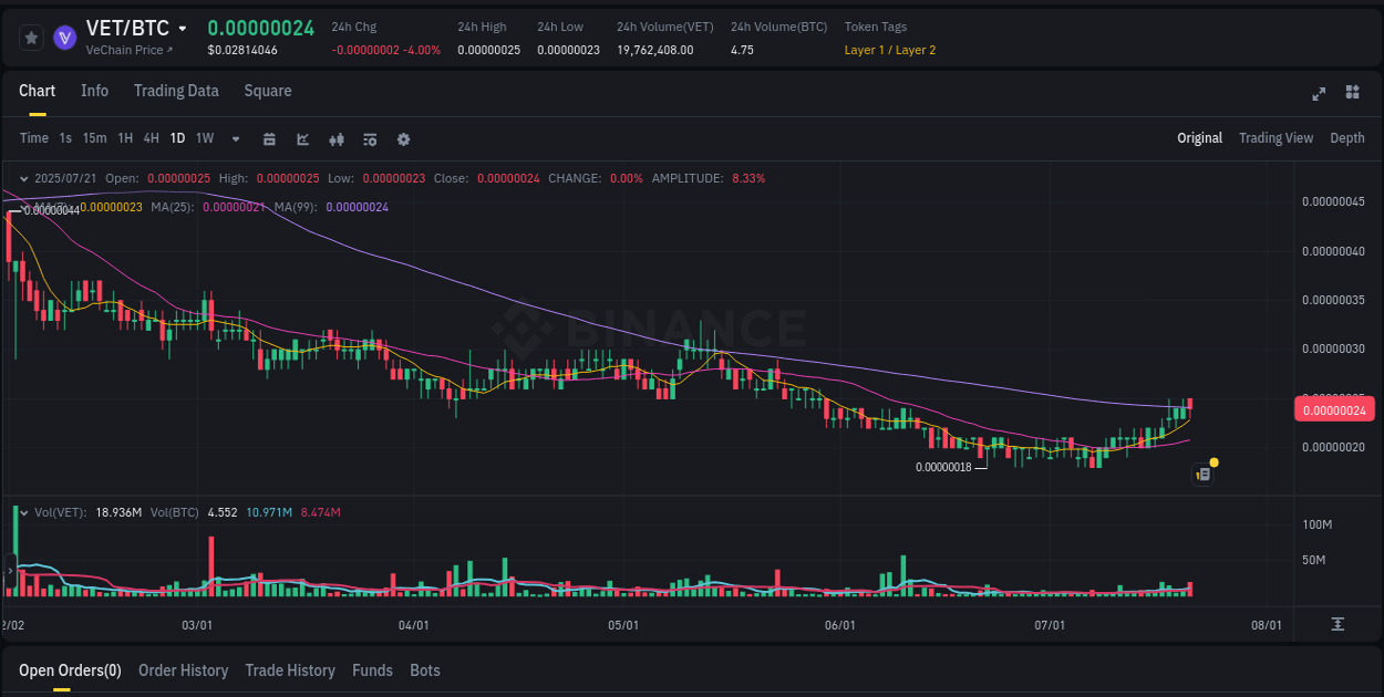 Price discovery: VET rally report from Binance, 22 July 2025, 00:09