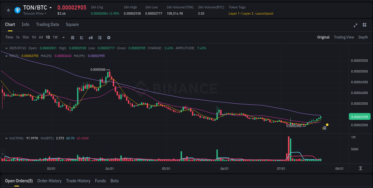 Crypto pump report: TON on Binance, 22 July 2025, 15:32