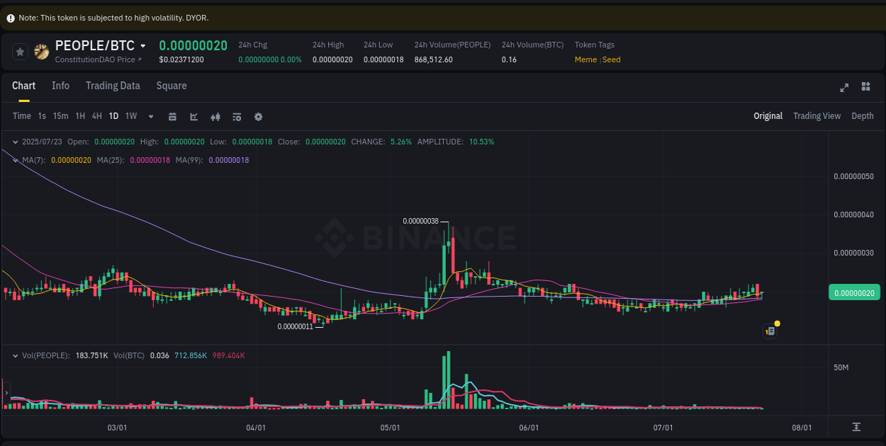 Trading session: PEOPLE pump performance on Binance, 23 July 2025, 13:33