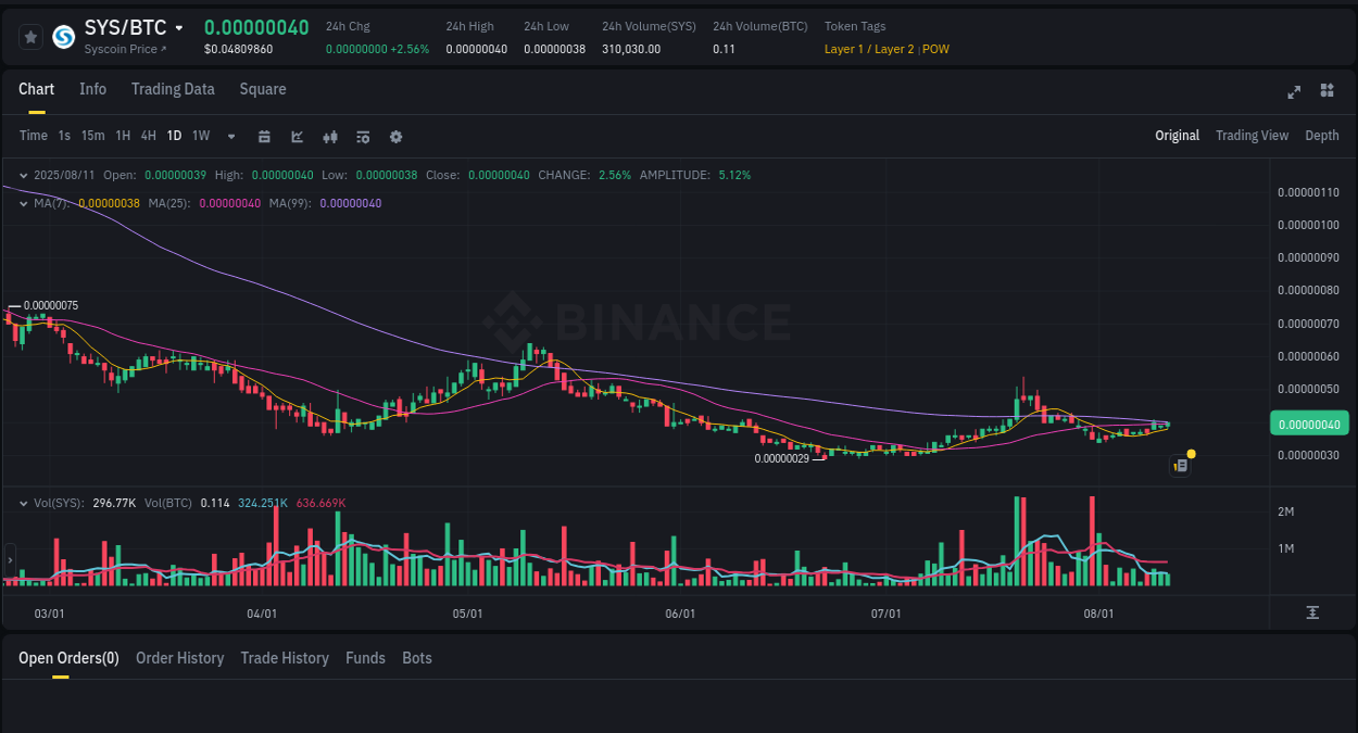 Trading session: SYS pump performance on Binance, 11 August 2025, 16:59