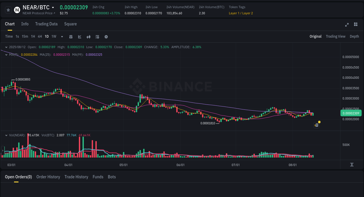 Binance pump report for NEAR on 12 August 2025, 19:38