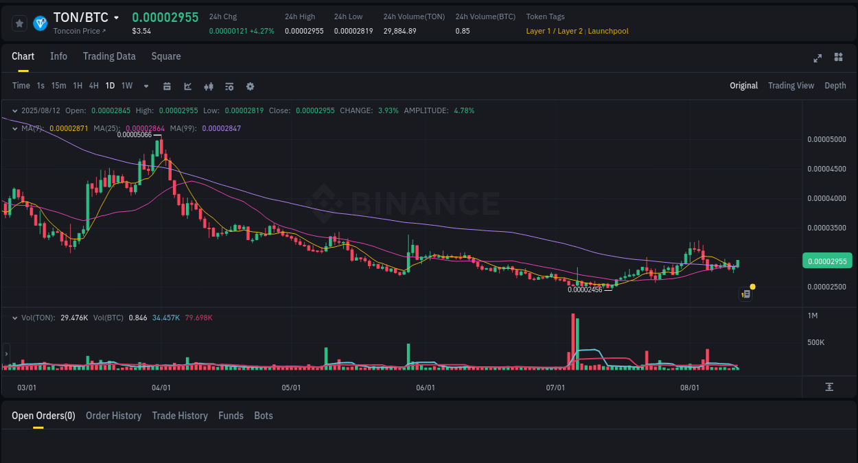 Trading performance: TON pump analysis on Binance, 12 August 2025, 23:39